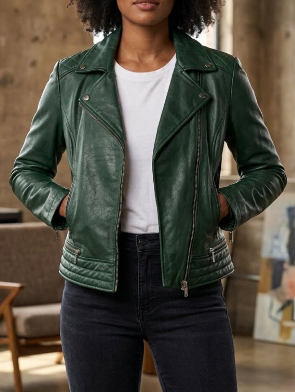 Bernardo Forest Green Asymmetric Moto-Style Jacket for Women